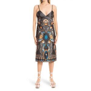 Leon Max Studio Womens Gray Extraterrestrial Satin Midi Cocktail Dress Sz 10 New